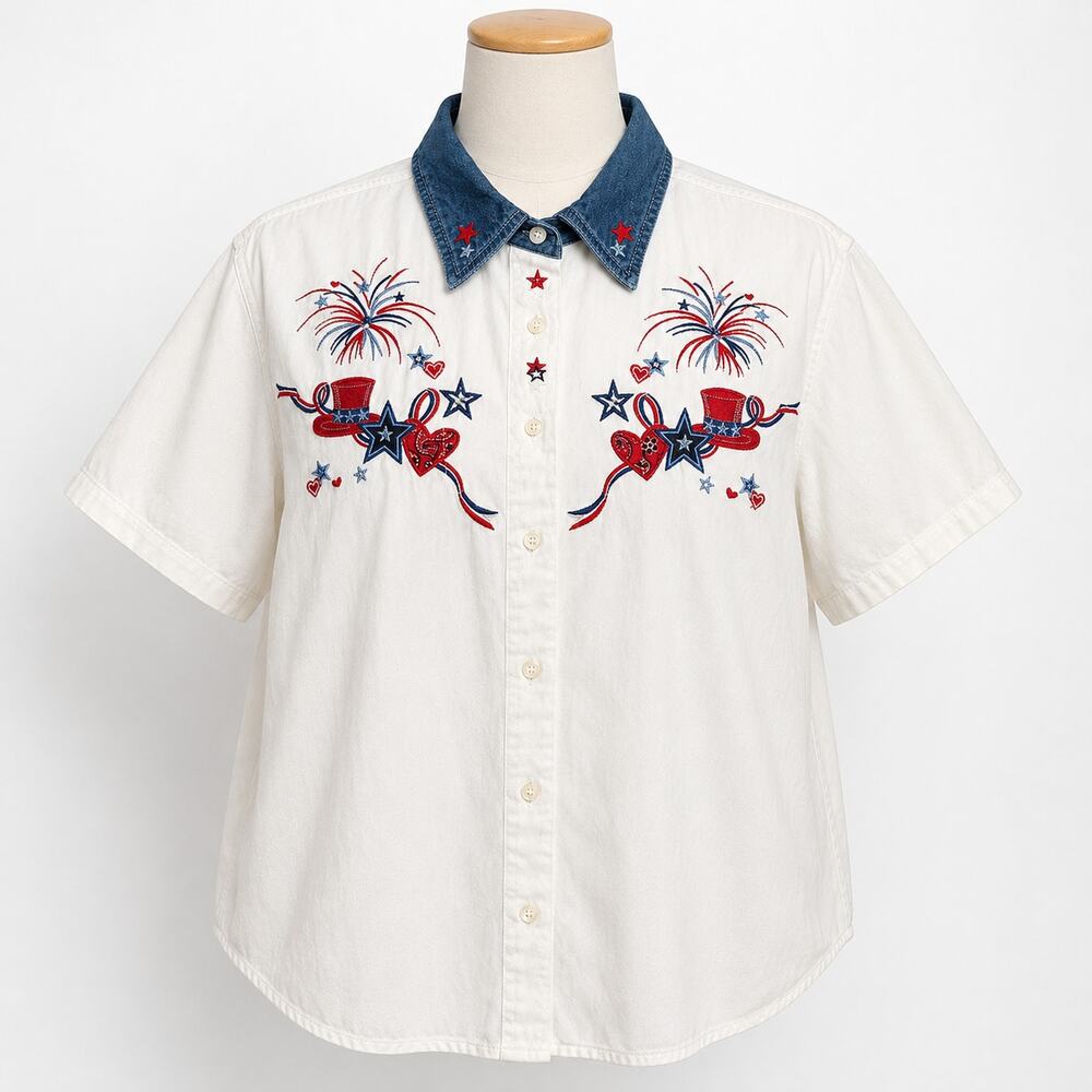 Vintage Quizz Woman Patriotic Embroidered Shirt Women’s 18/20 White Denim Collar